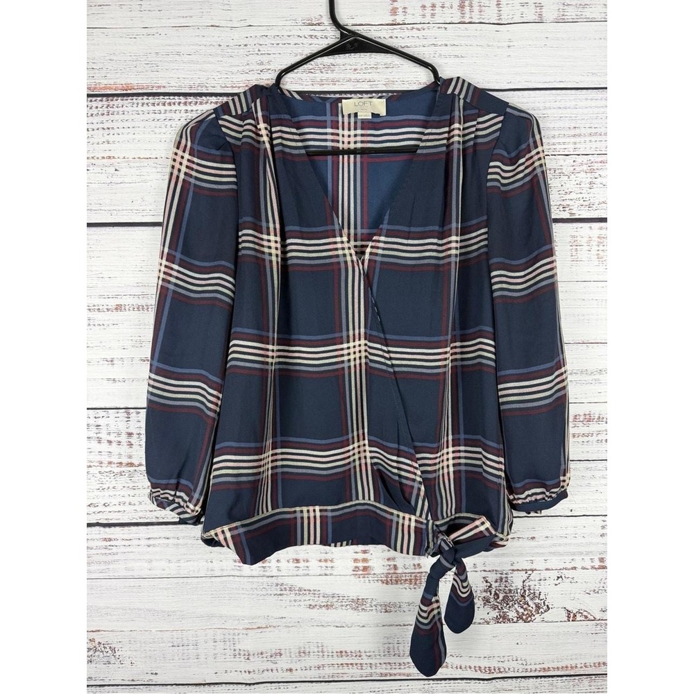 LOFT plaid blouse in a classic‎ navy with tie detail